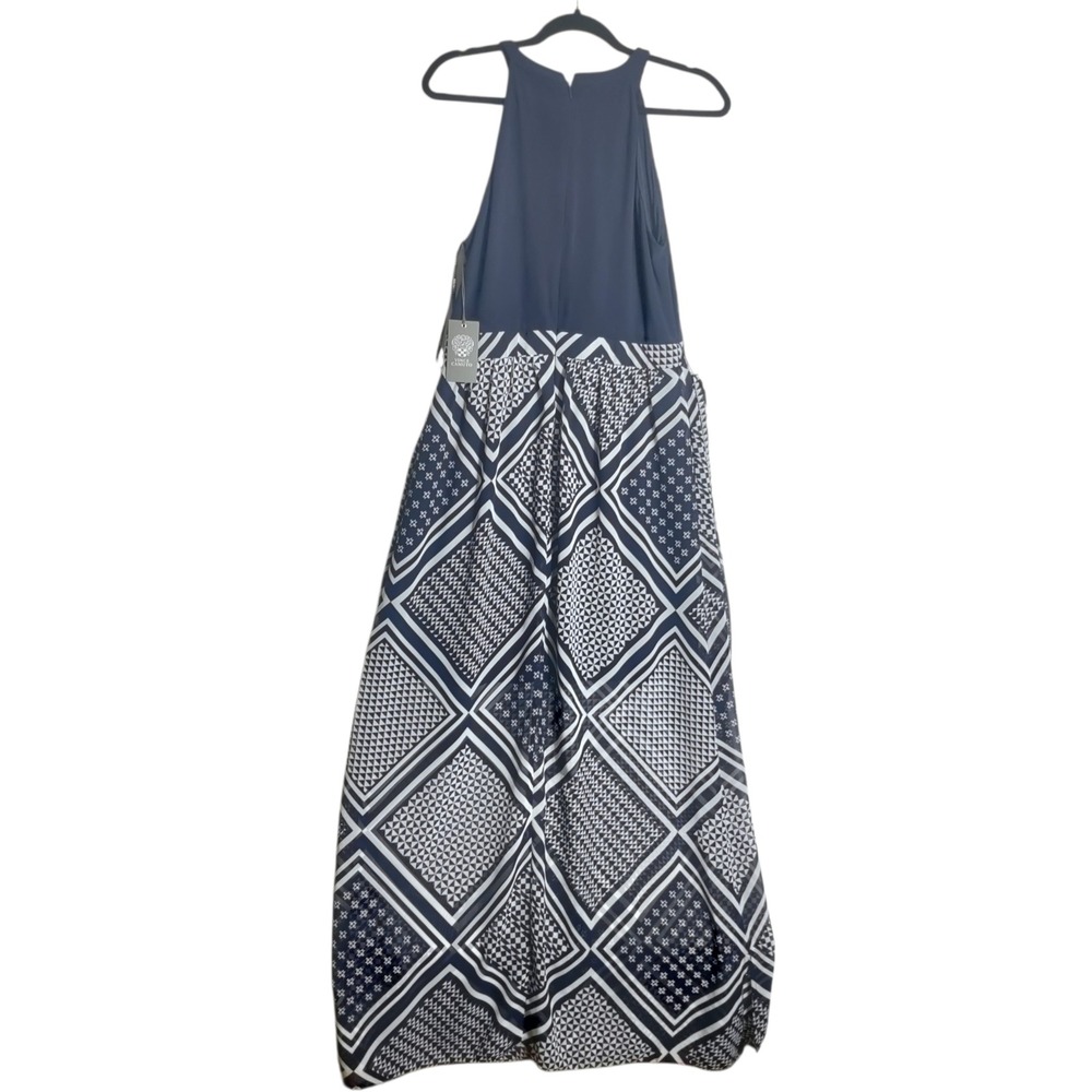 Vince Camuto Navy Blue Geometric Print Halter Maxi Dress Size 12 Keyhole Neck